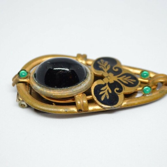 Green Glass Art Nouveau Black Enamel Fur Clip - Picture 3 of 5